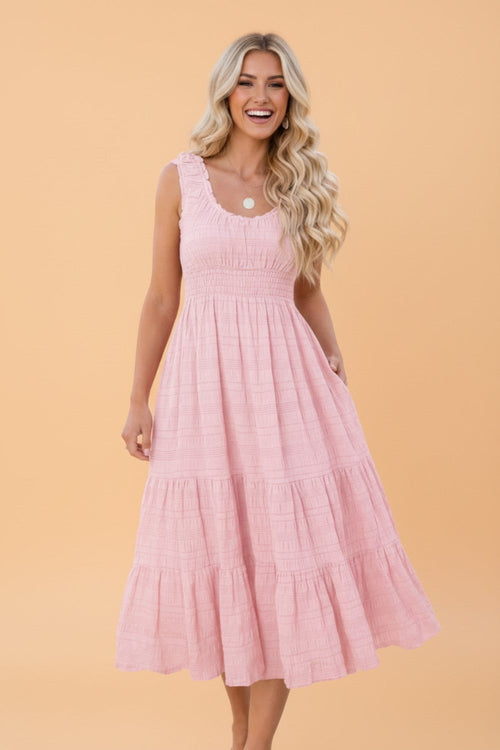Shirred Pleated Square Neck Sleeveless Midi Dress