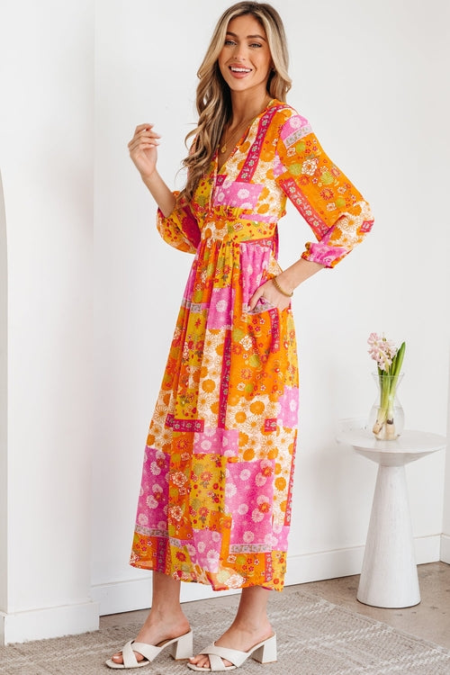 Floral Patchwork Cut-Out Tied Back Maxi Dress