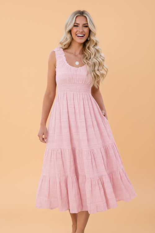 Shirred Pleated Square Neck Sleeveless Midi Dress