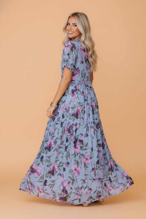 Floral Frilled V-Neck Short Sleeve Maxi Dress