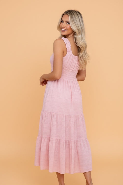Shirred Pleated Square Neck Sleeveless Midi Dress